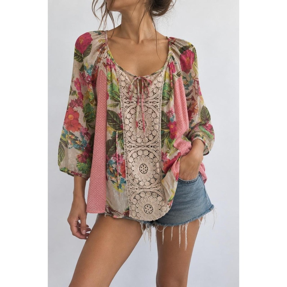 Anthropologie Meadow Rue Floral Crochet Peasant Blouse Boho Tunic Top Medium